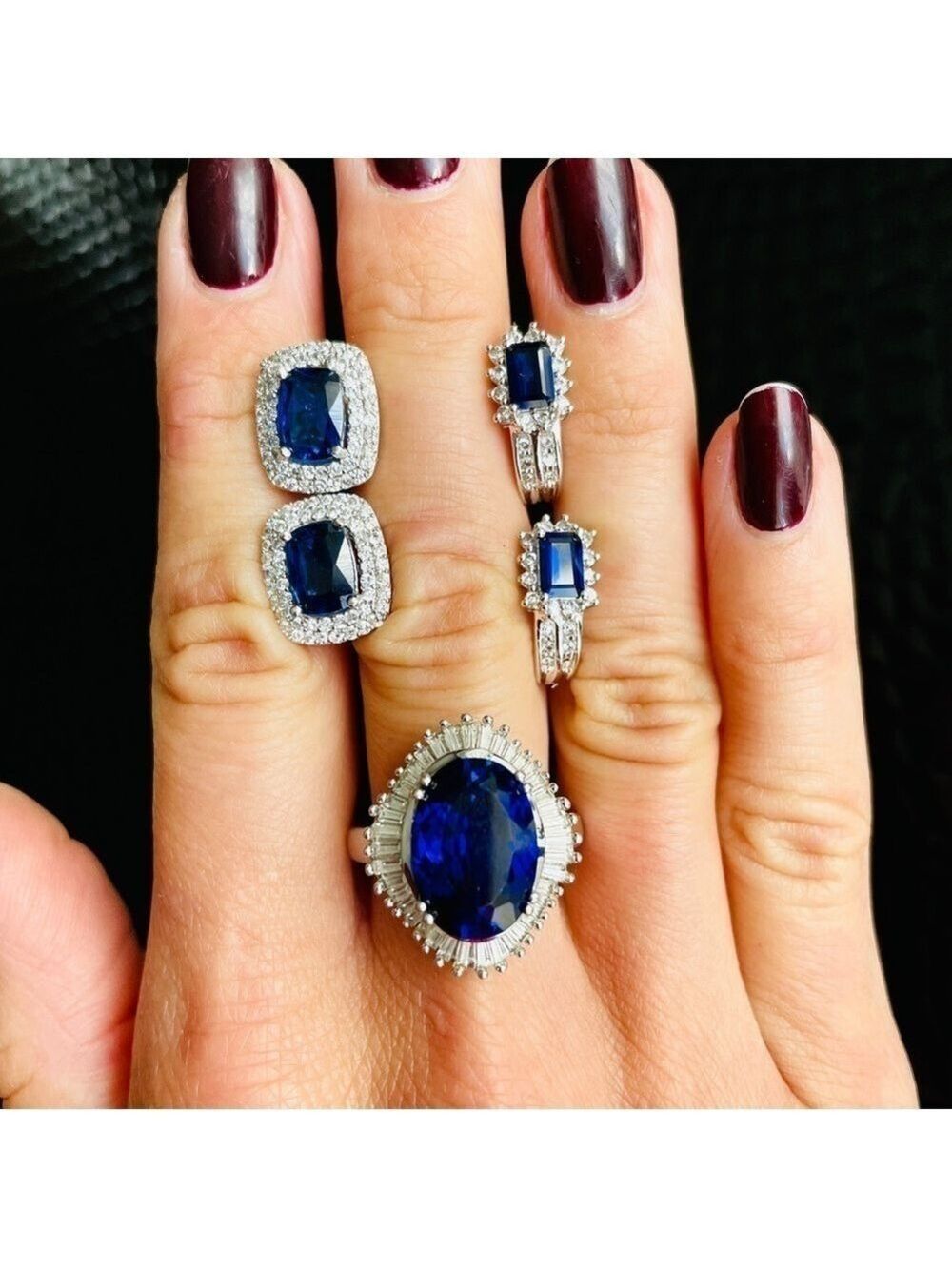 Lab Blue Sapphire Halo Sterling Silver Cocktail Ring & Earrings ASK FOR …
